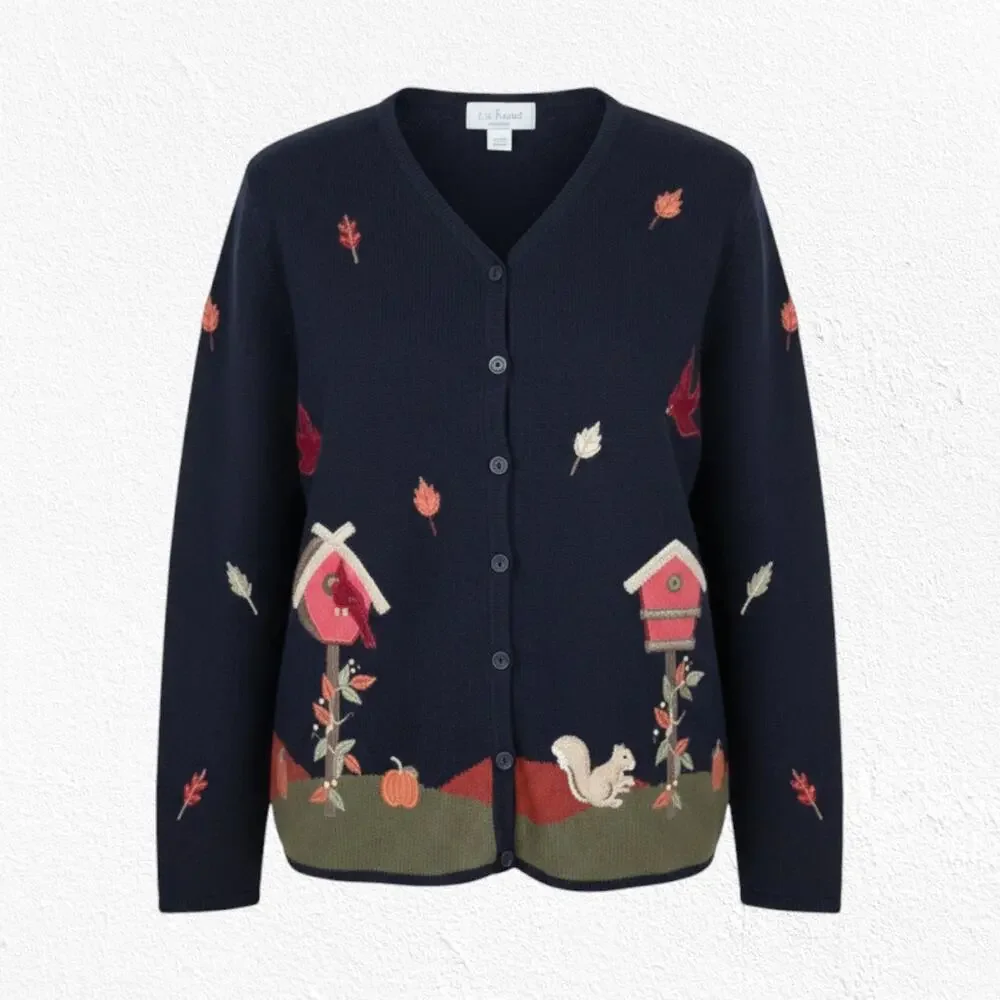 Y2K Navy Cardinal Fall Embroidered Wearable Art Knit Cardigan Sweater Size 14